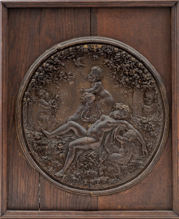 Italian Renaissance Style Carved Wood Medallion: Italian Renaissance Style Carved Wood Medallion, depicting a sleeping goddess surrounded by putti. Image: 12.5" Diameter; whole: 18" H x 15" W. Provenance: From a New York City Collection. Keywords: C