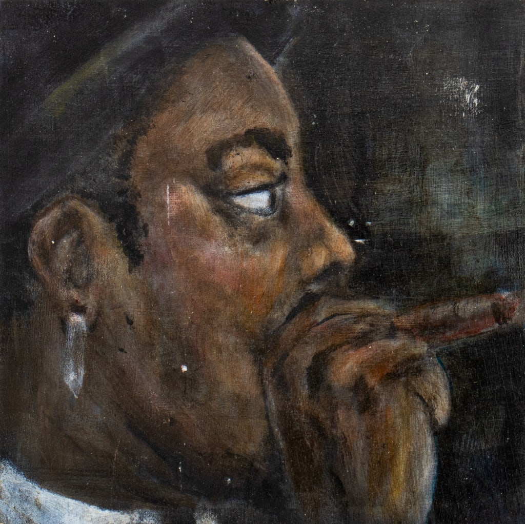Sarah Degan Smith Cigar Smoker Oil on Panel: Sarah Degan Smith (American, XX-XXI), Cigar Smoker, Oil on Panel, signed to verso, unframed. 8" H x 8" W. Provenance: From an East Village estate. Keywords: Painting, Figural, Figurative, Portrait, Pr