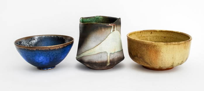 William Wyman Glazed Pottery Vessels, 3: Three William Wyman (American, 1922-1980) Polychrome Glazed Pottery Vessels, each signed and dated to underside, comprising: two footed bowls dated 1965, and one broad vase dated 1978. Largest: 8" H x