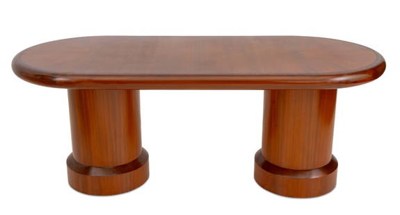 I.M. Pei Postmodern Mahogany Dining Table: I.M. Pei Postmodern Mahogany Dining Table, with oval top on two columnar supports. 30" H x 75" W x 33.5" D. Provenance: From the collection of the curator and owner of Berry-Hill Galleries. Keywords: