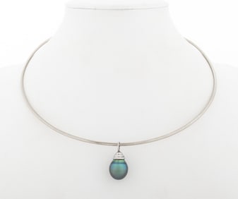 14K White Gold Tahitian Pearl Pendant Collar