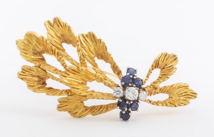 18K Yellow Gold Diamond Sapphire Brooch
