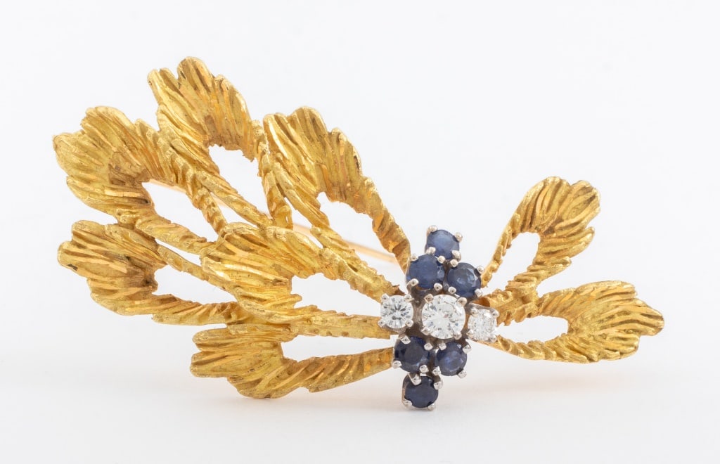 18K Yellow Gold Diamond Sapphire Brooch (1 of 6)