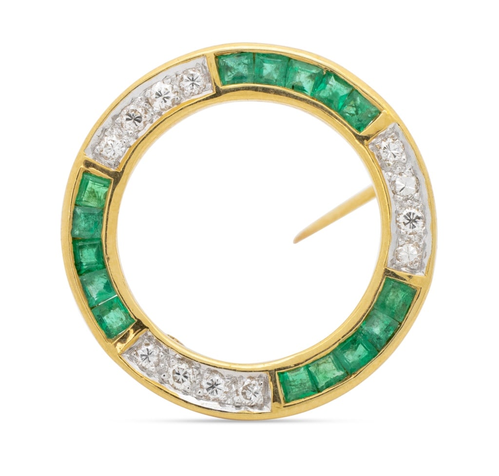 18K Yellow Gold Emerald Diamond Circle Brooch (1 of 7)
