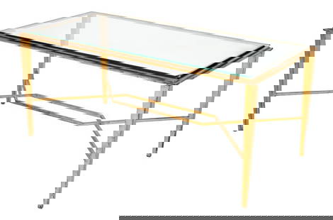 Maison Ramsay Gilded Iron and Glass Coffee Table: Maison Ramsay Gilded Iron and Glass Top Coffee Table, circa 1940. 17" H x 39.25" W x 20" D. Provenance: From a New York City Collection. Keywords: Designer, Modern Furniture, Low table, Cocktail table