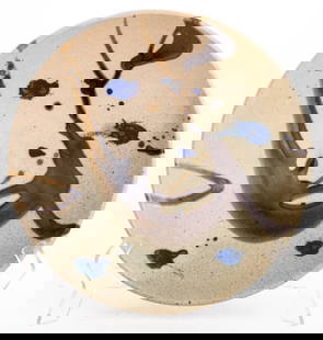 Warren MacKenzie Polychrome Glazed Charger: Warren MacKenzie (American, 1924-2018) Polychrome Glazed Stoneware Charger, with brown and blue splatter design, impressed mark to underside. 11.75" Diameter x 2" H. Provenance: From a 333 East 75th S