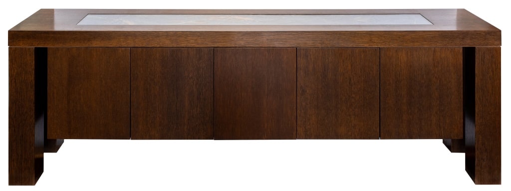 Mid-Century Modern Style Glass Mosaic Sideboard: Mid-Century Modern Style Glass Mosaic Inset Top Wood Sideboard, with central drawer flanked by two sets of doors, opening to reveal two compartments with two shelves to right and one cabinet with wine