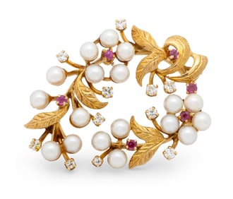 14K Yellow Gold Pearl, Diamond, & Ruby Brooch