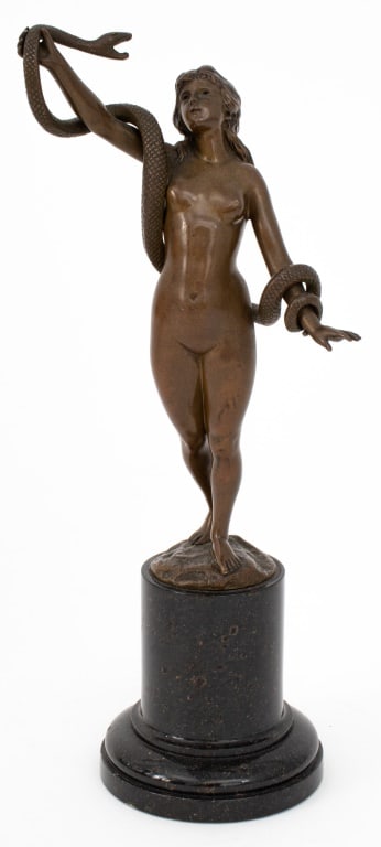 Karl Kowalczewski "Eve and Snake" Bronze Sculpture: Karl Kowalczewski (German, 1876-1927) "Eve and Snake" Bronze Sculpture, mounted on stone pedestal, apparently unsigned. 10" H x 4.5" W x 3.25" D. Provenance: From a New York City Collection. Keywords: