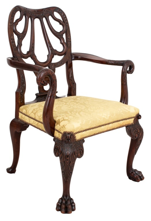 George II Style Mahogany Armchair: George II Style Mahogany Armchair, late 19th century, after a design by Giles Grendey. 39" H x 30" W x 29.5" D; seat: 18" H. Provenance: From a New York City Collection. Keywords: English furniture, G