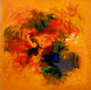 Ronaldo de Juan Abstract in Orange Acrylic: Ronaldo de Juan (Argentinian/American, 1931-1989), Abstract Composition in Orange, Acrylic on Canvas, 1973-74, signed, dated, and inscribed to verso, unframed. 72" H x 72" W. Provenance: From a New Yo