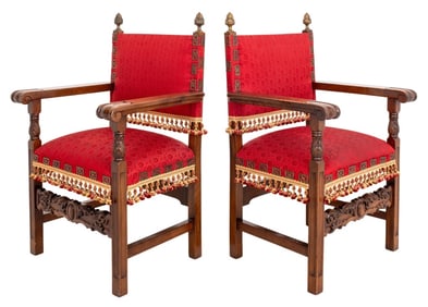 Renaissance Revival Mahogany Armchairs, Pair