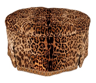 Leopard Print Chenille Button-Tufted Ottoman