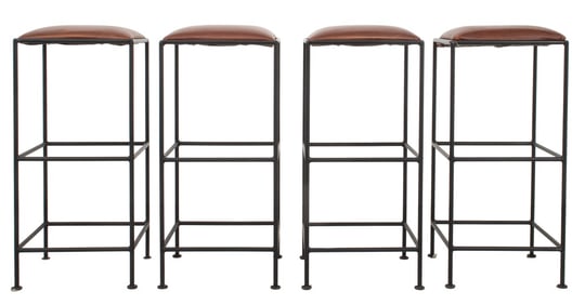 Wrought Iron and Leather Bar Stools, 4