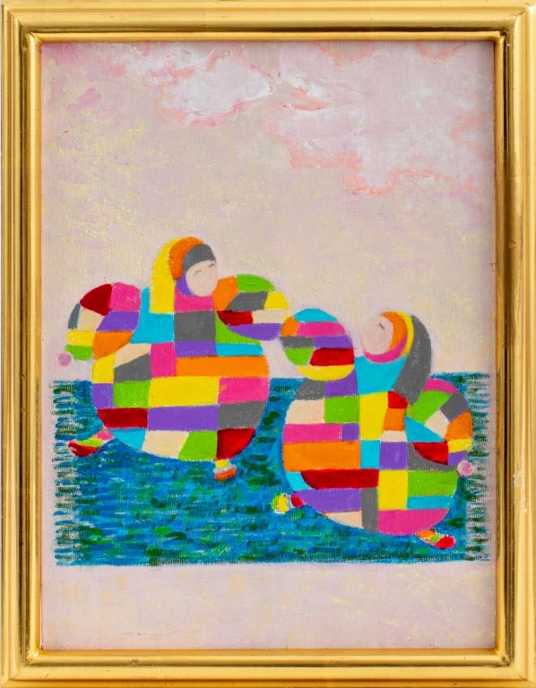 Kayo Lennar "Petit Tapis #5 Wrestling" Oil, 1999: Kayo Lennar (French/American, b. 1923), "Petit Tapis #5 Wrestling", Oil on Canvas, depicting two colorful abstract figures wrestling atop a green and blue rug, signed, titled, and dated "1999" to vers