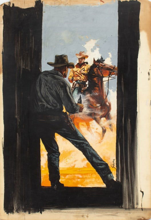 Harry Schaare "Trouble on the Massacre" Gouache: Harry Schaare (American, 1922-2008), "Trouble on the Massacre (Lone Rider)", Gouache on Paper Laid to Board, signed to right border of painting, titled to verso, unframed. 26" H x 17.75" W. Provenance