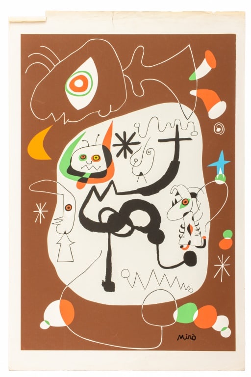 After Joan Miro "Dancer Listening ..." Lithograph: After Joan Miro (Spanish, 1893-1983), "Dancer Listening to the Organ in a Gothic Cathedral", Lithograph in Colors, brown ground, signed in plate lower right, unframed. Image: 30.75" H x 21" W; sheet: