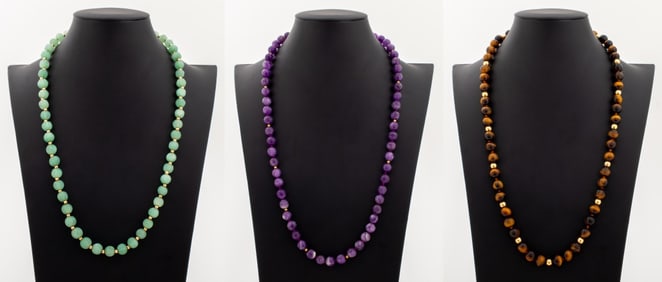 14K Yellow Gold & Crystal Bead Necklace Set, 3