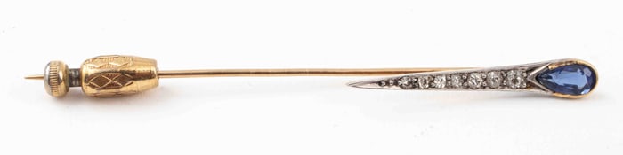 Edwardian 14K Silver Diamond Blue Glass Stick Pin