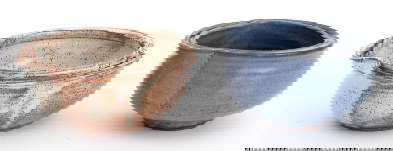 Warren MacKenzie Glazed Stoneware Bowls, 2: Two Warren MacKenzie (American, 1924-2018) Glazed Stoneware Bowls, with pinched rim, one matte blue glazed and other with speckled white glazed, blue with impressed mark to underside. Larger: 2.5" H x