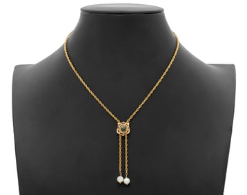 14K Yellow Gold Cultured Pearl Lariat Necklace