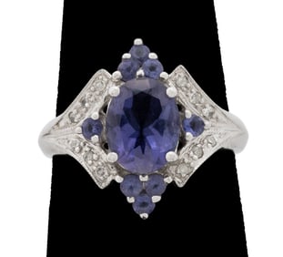 10K White Gold Iolite and Diamond Cluster Ring.