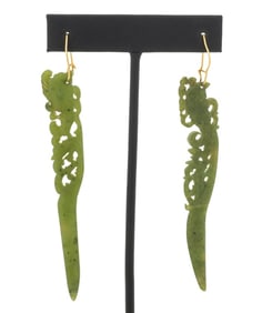 10K Yellow Gold Nephrite Drop Pendant Earrings