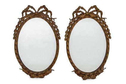 French Style Brass Ribbon Crest Oval Mirrors, Pair