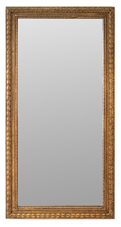 Neoclassical Style Carved Giltwood Mirror: Neoclassical Style Carved Giltwood Mirror, 20th century, with acanthus leaf border. 28.75" H x 14.75" W. Provenance: From a Cobble Hill, Brooklyn Collection. Keywords: Decorative Arts, Interior design