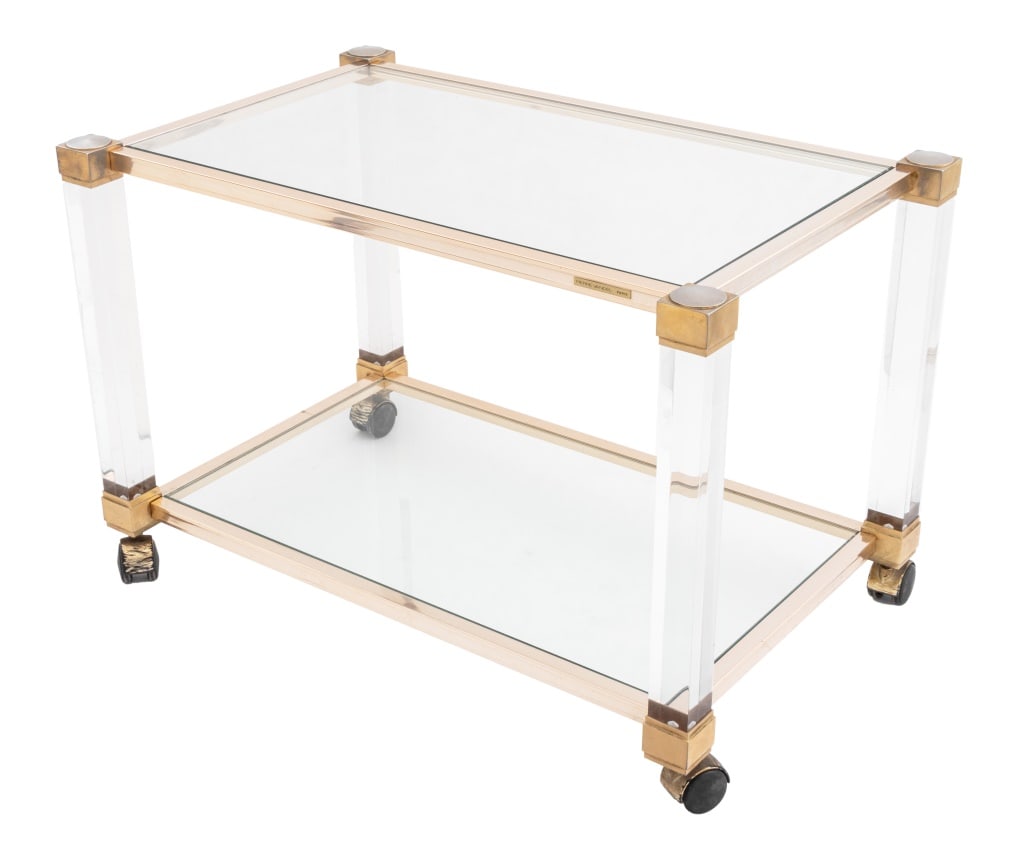 Pierre Vandel Lucite, Chrome, and Glass Bar Cart: Pierre Vandel Lucite, Chrome, and Glass Bar Cart, on casters with two glass shelves ,with "Pierre Vandel Paris" label. 17.5" H x 26" W x 17" D. Provenance: From a New York City Collection. Keywords: F