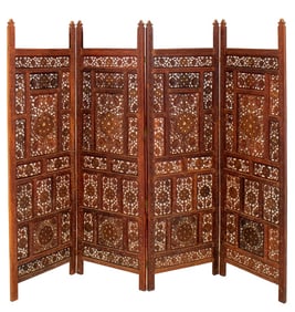 Indian Bone Inlaid Teakwood Four Panel Screen
