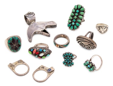 Native American Silver Rings & Pendant, 11