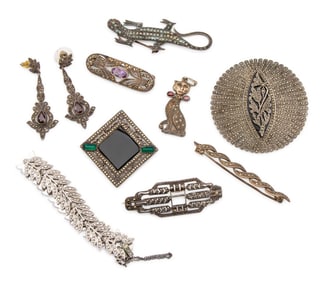 Art Deco Style Silver & Marcasite Jewelry, 9 Pcs.