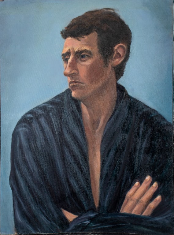 Penny Purpura Man in Dressing Gown Oil on Canvas: Penny Purpura (American, XX-XXI), Man in Dressing Gown, Oil on Canvas, apparently unsigned, with a man in left-facing profile against a blue ground wearing a dark robe, unframed. 24" H x 18" W. Proven