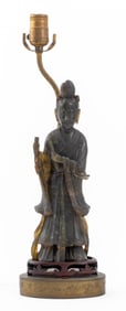 Chinese Carved Greenstone Guanyin Mounted Lamp