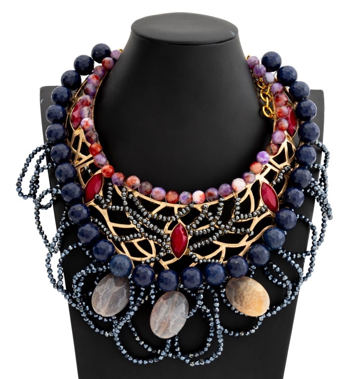 Vilaiwan Pierced Gold-Tone Bib Necklace: Vilaiwan Pierced Gold-Tone Bib Necklace, with faceted hardstone purple beads and three carved hardstone and iridescent bead drop accents, with "Vilaiwan / Jewelry" plaque to clasp. 9.75" L x 8.5" W. P
