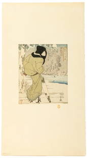 Utagawa Kuniyoshi Woman in Snow Woodblock, 19th C.: Utagawa Kuniyoshi (Japanese, 1798-1861), Woman in a Snowy Landscape, Embossed Woodblock in Colors, 19th century, chop seal signatures upper right, lower right, and lower left, unframed. Sheet: 8.25" H