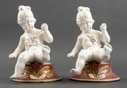 White Porcelain Cherub Sculptures, Pair