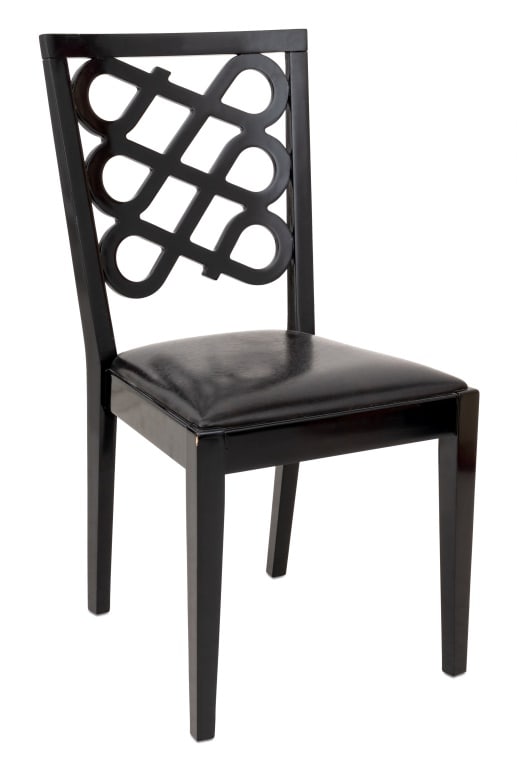 Werther Toffoloni for Blifase "Vernene 135" Chair: Werther Toffoloni for Blifase "Vernene 135" Side Chair, lacquered beech frame, black leather covered inset seat, openwork knot back. 35" H x 18" W x 17.5" D; seat: 17.5" H. Provenance: From a Central 