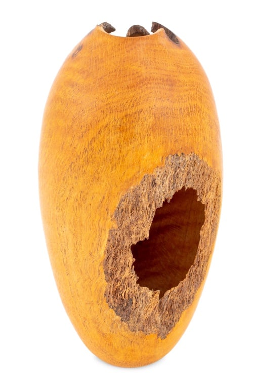 Todd Hoyer Mexican Blue Oak Sculptural Vase: Todd Hoyer (American, b. 1952) Mexican Blue Oak Sculptural Vase, signed "TH" to underside. 8.5" H x 3.25" Diameter. Provenance: From a Sutton Place Estate. Keywords: Woodwork, Turned Wood, Carving, Sc