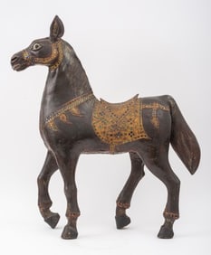 Indian Painted Carved Wood Horse Sculpture