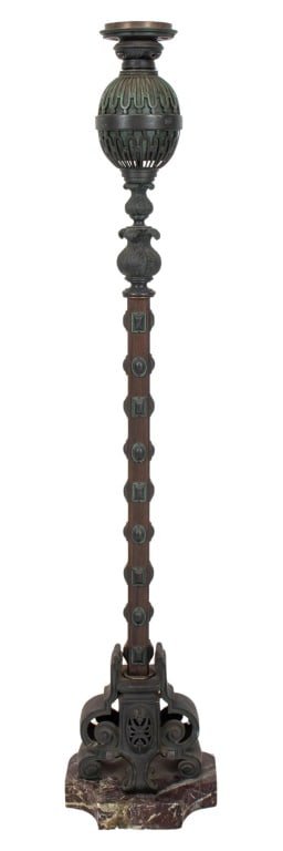 Renaissance Revival Bronze Mounted Wood Torchiere: Renaissance Revival Bronze Mounted Wood Torchiere, in the manner of Edward Caldwell or Louis Comfort Tiffany, with cage-form globe, formerly an oil reservoir, above an acanthus-cast support on a black