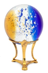 Large Polychrome Glass Orb on Brass Stand