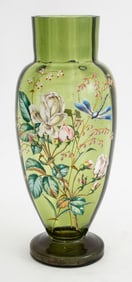 Moser Attrib. Enameled Green Art Glass Vase
