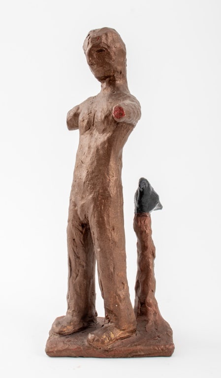 Louis Mendez Studio Art Pottery Figural Sculpture: Louis Mendez (American, 1929-2012) Studio Art Pottery Standing Figure Sculpture, accompanied by a metallic glazed crow perched atop a tree stump. 12.5" H x 5" W x 3.25" D. Provenance: Property from th