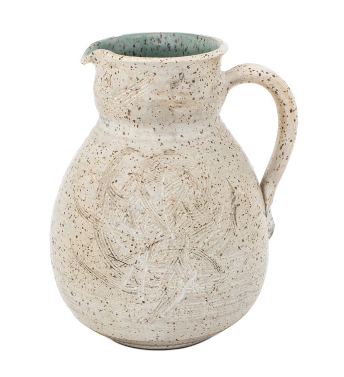 Louis Mendez Owl Form Stoneware Pitcher: Louis Mendez (American, 1929-2012) Owl Form Glazed Stoneware Pitcher, signed and inscribed "Goshen, NY" to the underside. 8.5" H x 7.75" W x 6.25" D. Provenance: From a New York City Collection. Keywo