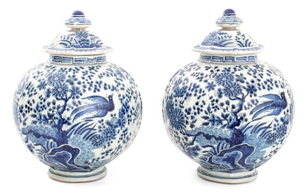 Chinoiserie Blue & White Covered Vases, 2