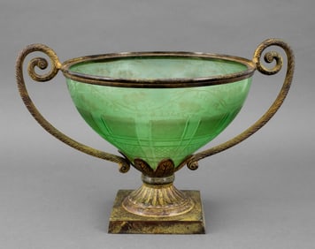 Metal Mounted Green Cut Glass Centerpiece Bowl