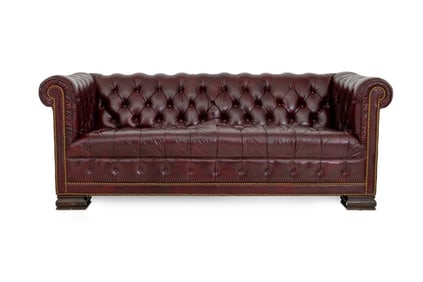 Button-Tufted Burgundy Leather Chesterfield Sofa