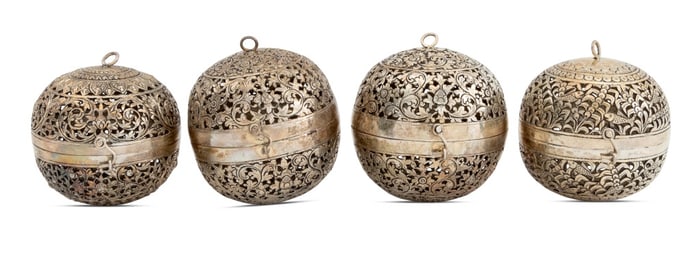 Cambodian 900 Silver Spherical Incense Burners, 4